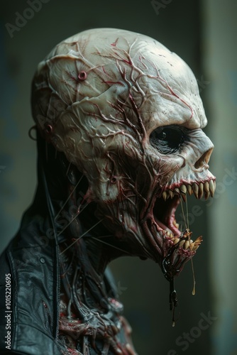 Wallpaper Mural A close up of a zombie head with teeth and blood dripping from it. AI. Torontodigital.ca