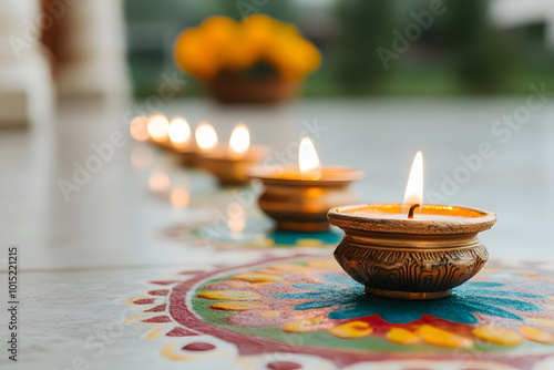 Colourful Diyas Illuminating a Festive Rangoli Design | Vibrant Lights and Intricate Patterns Celebrating Diwali Traditions photo