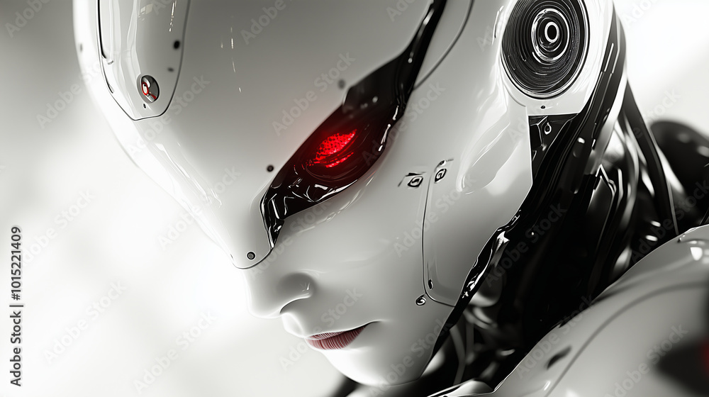 Close-up of a white robotic head with a glowing red eye. Close-up of a white robotic head with a glowing red eye.