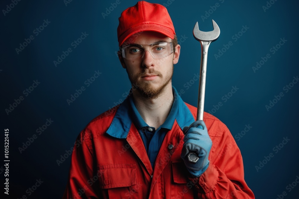 Handyman with tools standing on a neutral background, professional repair work scene. Handyman with tools standing on a neutral background, professional repair work scene.
