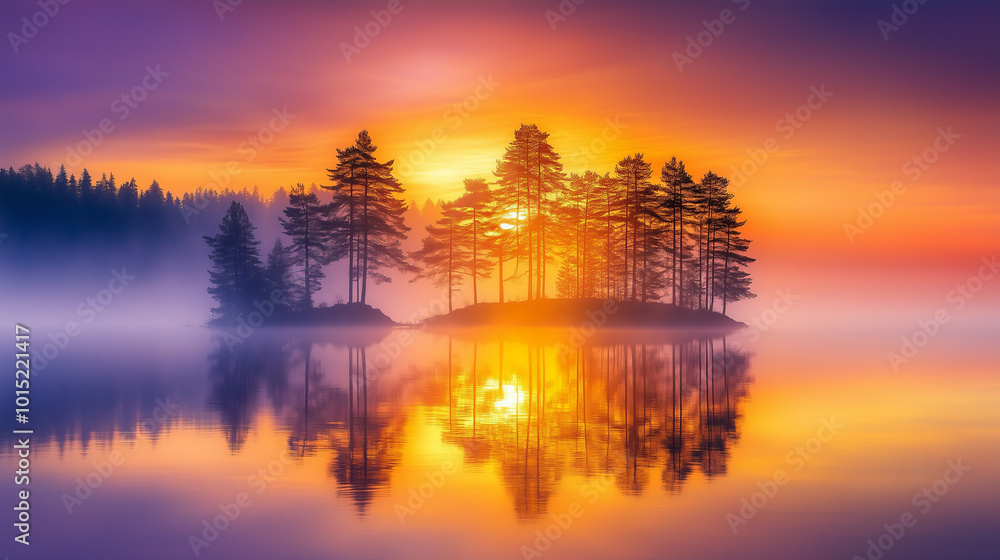 Obraz premium Misty sunrise over a lake with a small island of trees.