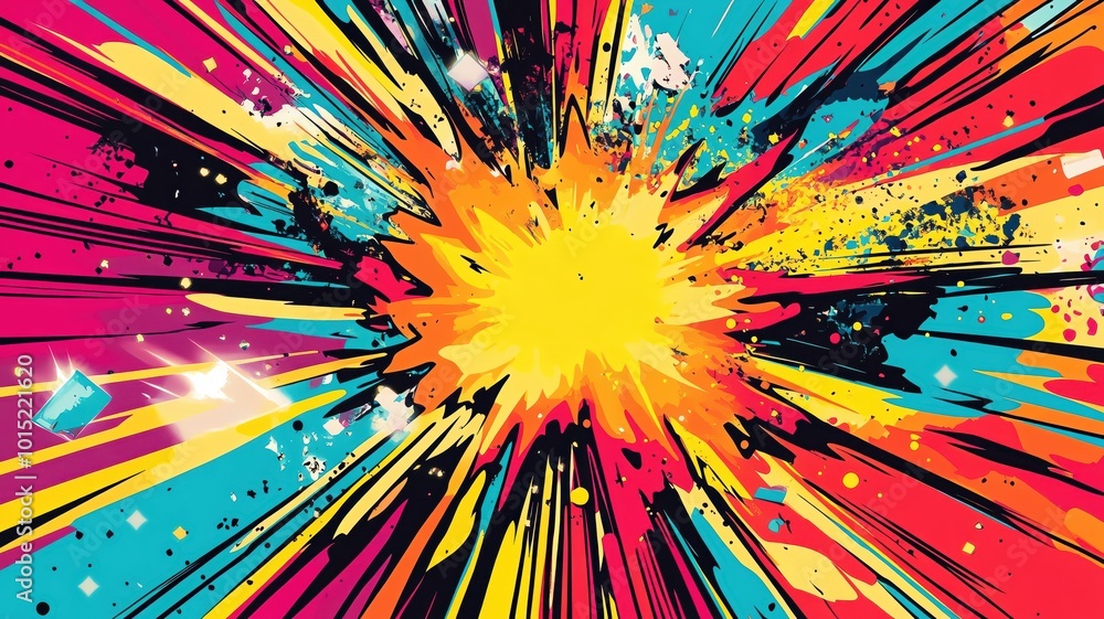 A bold explosion in pop art style, with colorful stars and vibrant energy A bold explosion in pop art style, with colorful stars and vibrant energy