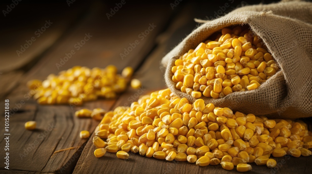 A burlap sack brimming with golden corn kernels spills onto a rustic wooden surface, epitomizing harvest abundance and rustic charm. A burlap sack brimming with golden corn kernels spills onto a rustic wooden surface, epitomizing harvest abundance and rustic charm.