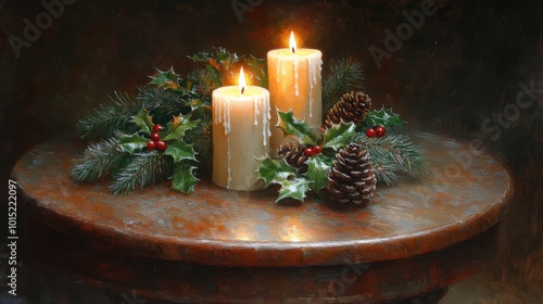 Festive Candle Arrangement with Pinecones and Holly on Rustic Wooden Table for Cozy Holiday Decor and Warm Seasonal Ambience photo