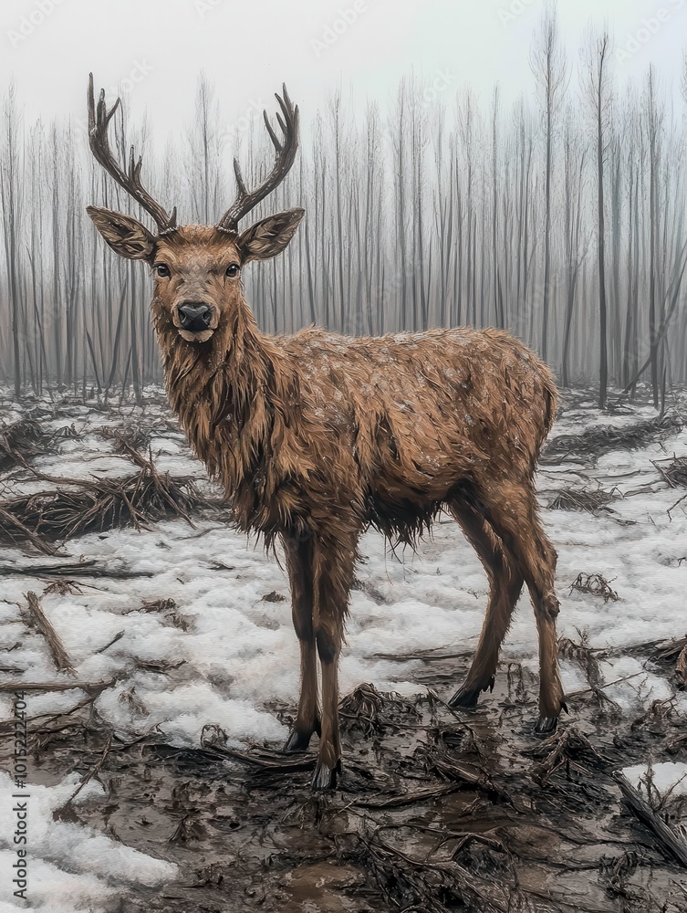Majestic Deer Standing in Snowy Winter Forest Scene, Surrounded by Mist and Bare Trees, Capturing the Beauty of Nature's Ice Realm Majestic Deer Standing in Snowy Winter Forest Scene, Surrounded by Mist and Bare Trees, Capturing the Beauty of Nature's Ice Realm