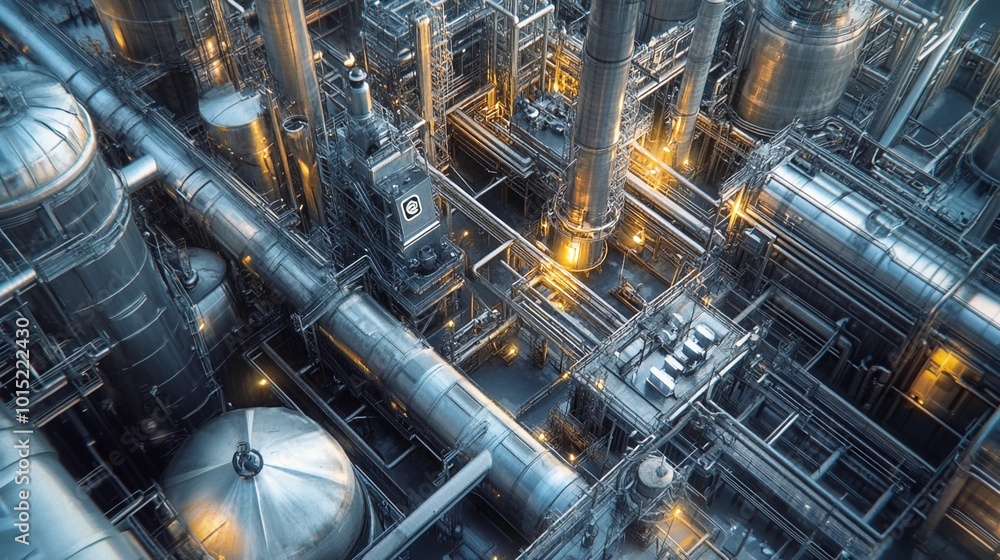 Modern refinery, intricate piping system, control room with digital panels, massive storage tanks, stainless steel structures, efficient layout Modern refinery, intricate piping system, control room with digital panels, massive storage tanks, stainless steel structures, efficient layout