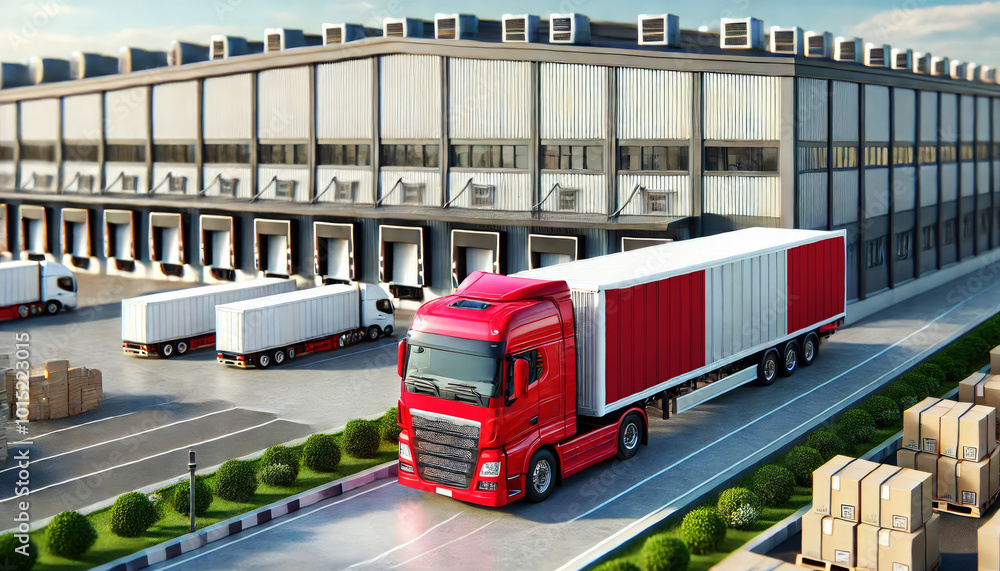 Red semi-truck with Peru flag trailer at a large logistics warehouse. Ideal for illustrating freight transport, trucking, shipping, and supply chain operations Red semi-truck with Peru flag trailer at a large logistics warehouse. Ideal for illustrating freight transport, trucking, shipping, and supply chain operations