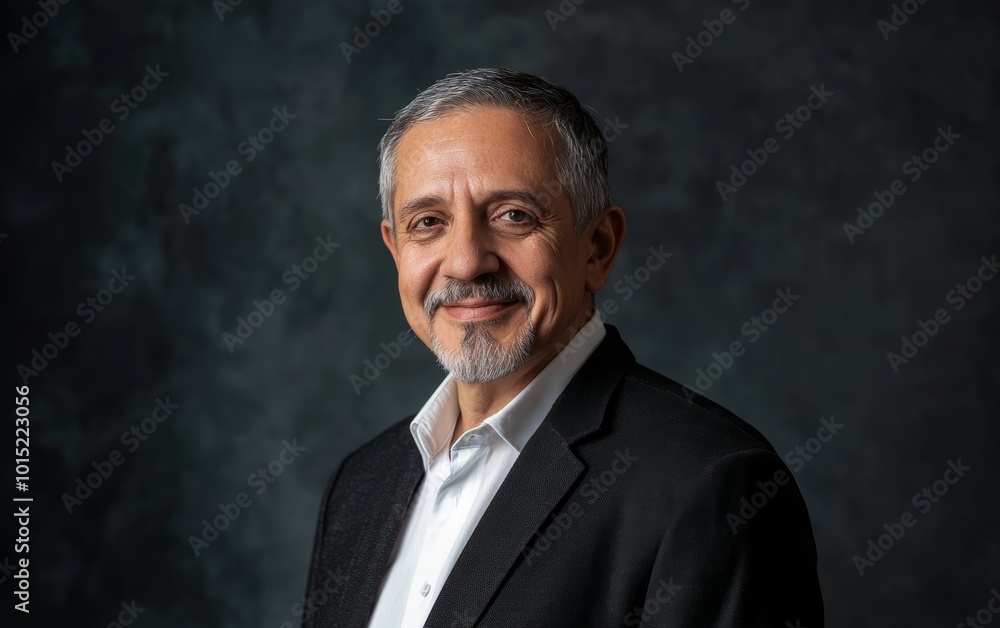 Fototapeta premium A mature man wearing a dark suit and white shirt smiles confidently while facing the camera in a studio setting