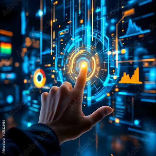 Futuristic Hand Touching High-Tech Touchscreen Interface with Glowing Data Streams and 3D Digital Transformation Ripple Effect