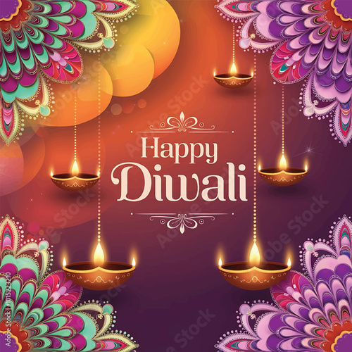 Indian festival happy Diwali with decorative lights colorful beautiful Diwali  background