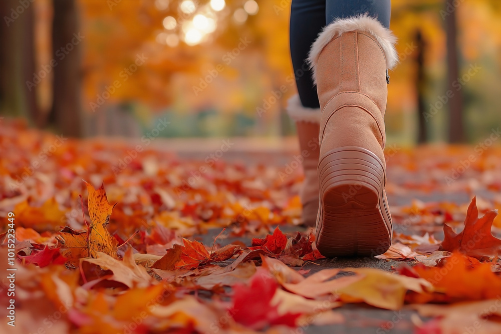 A back view of a woman walking down an autumn road in a park, with a close-up focus on her feet. A back view of a woman walking down an autumn road in a park, with a close-up focus on her feet.