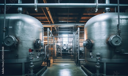 A spacious interior of a modern industrial boiler room featuring large metallic tanks and pipes.