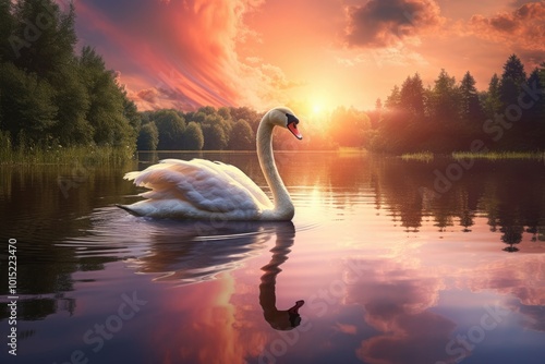 Fototapeta Naklejka Na Ścianę i Meble -  A serene lake at sunset with a swan swimming gracefully, surrounded by lush trees and vibrant colors.