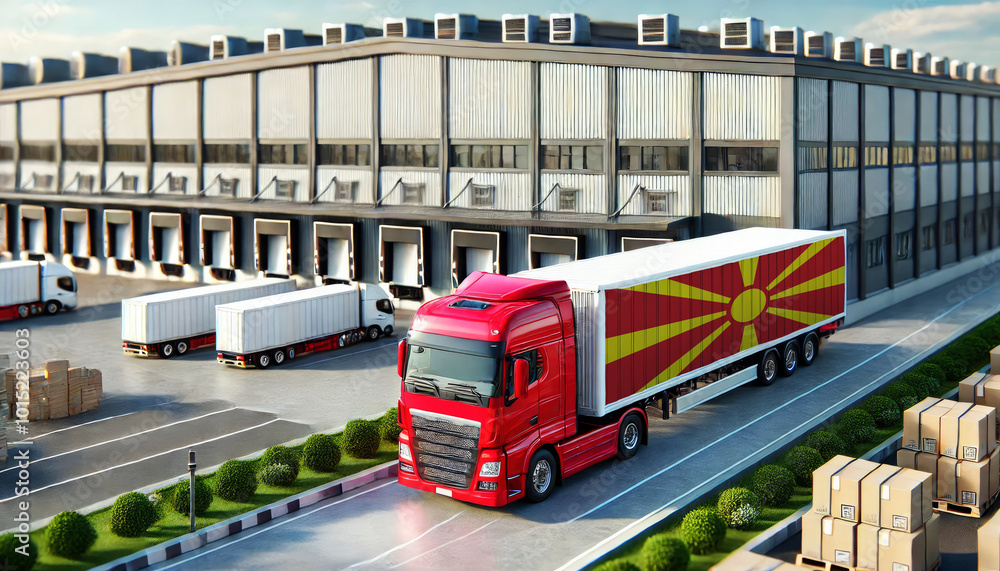 Red semi-truck with Republic of Macedonia flag trailer at a large logistics warehouse. Ideal for illustrating freight transport, trucking, shipping, and supply chain operations