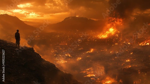 A solitary figure stands on a hill, gazing at a city engulfed in flames during sunset.