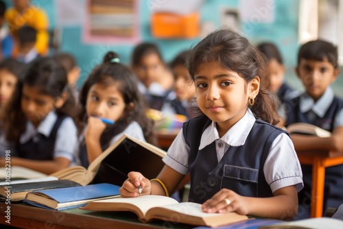 Classroom scene with group of children studying from books and notebooks. Structured learning environment with desks in rows, educational posters on walls. Children focused on tasks, active learning.