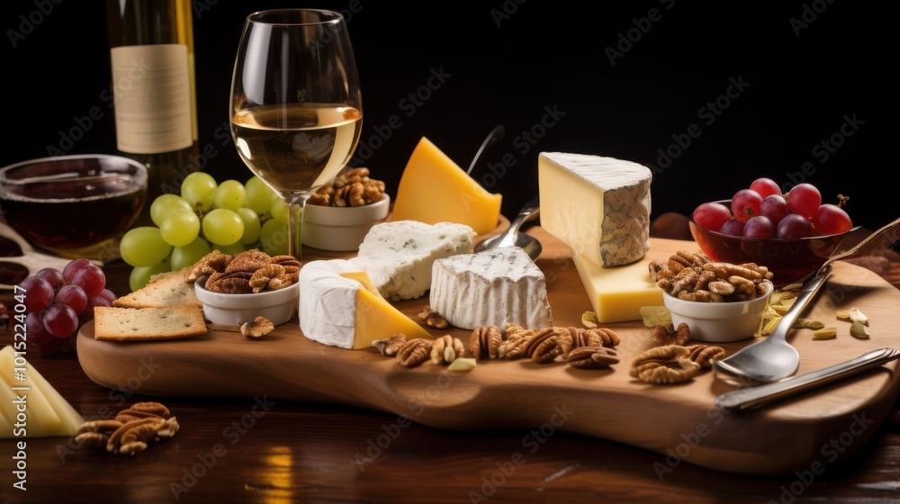 A rustic board holds an array of cheeses, nuts, and fresh grapes, paired with a glass of wine, creating a perfect setting for a gourmet gathering. A rustic board holds an array of cheeses, nuts, and fresh grapes, paired with a glass of wine, creating a perfect setting for a gourmet gathering.