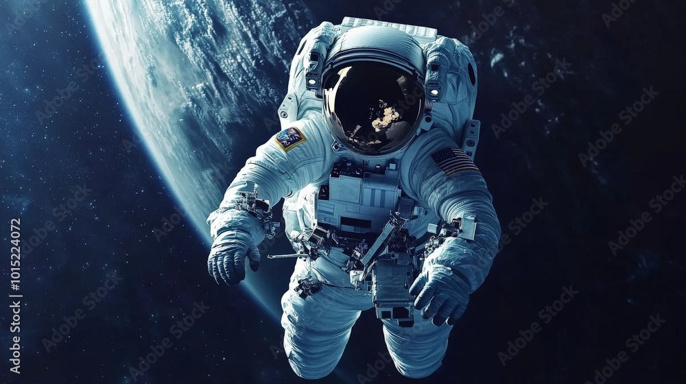 Fototapeta premium Astronaut Floating in the Vastness of Space with a Majestic Planet Earth