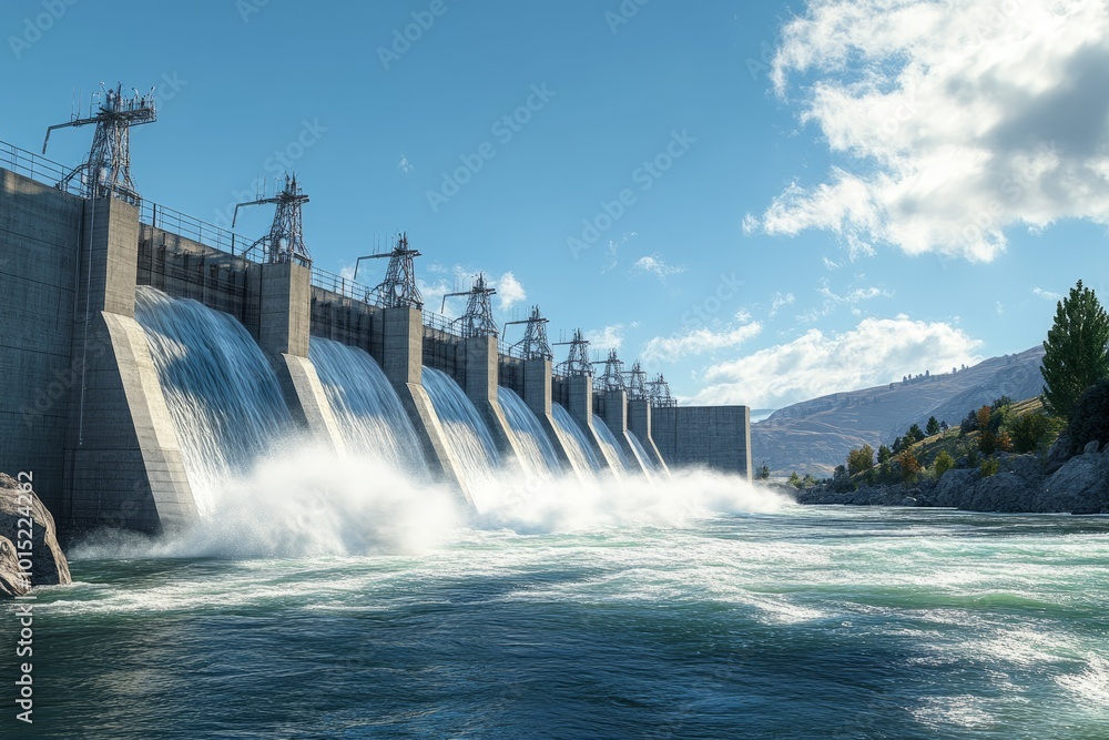 Hydroelectric dam with rushing water Hydroelectric dam with rushing water
