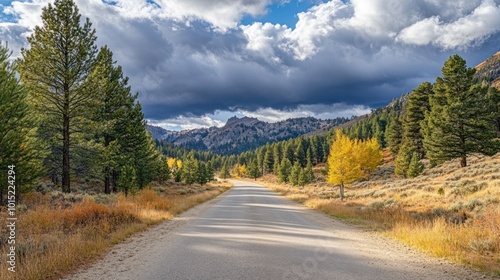 A winding paved road leads through a scenic mountain valley, with tall trees lining the sides and a cloudy sky overhead.