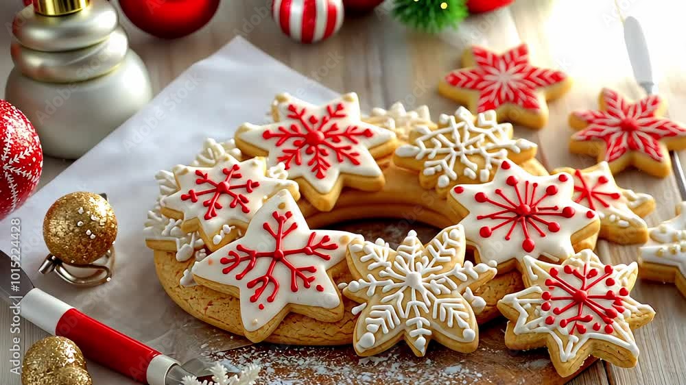 Festive Christmas Cookies Decorated with Red and White Icing on Wooden Cutting Board Festive Christmas Cookies Decorated with Red and White Icing on Wooden Cutting Board