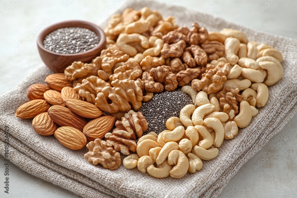 A selection of mixed nuts including almonds, walnuts, cashews, and chia seeds on a textured cloth. A selection of mixed nuts including almonds, walnuts, cashews, and chia seeds on a textured cloth.