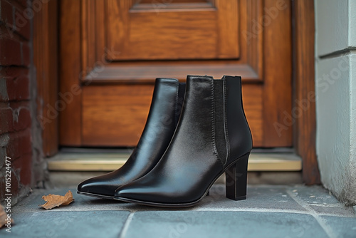 a pair of black short leather ankle high heels boots placed in front of a condominium door. 