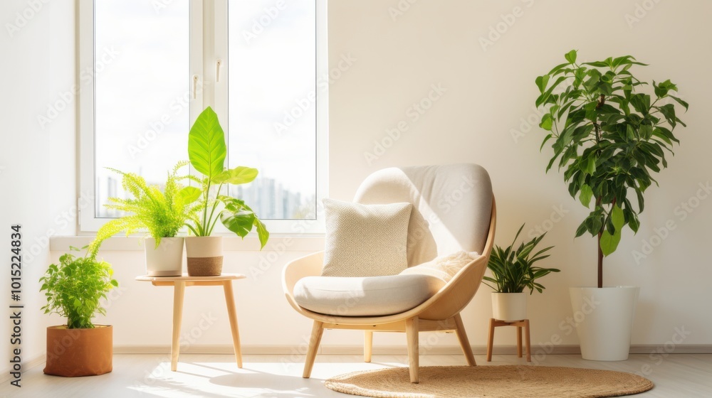 In a sunlit room, a plush chair is surrounded by green plants, offering a haven of relaxation and natural beauty in a minimalist setting. In a sunlit room, a plush chair is surrounded by green plants, offering a haven of relaxation and natural beauty in a minimalist setting.