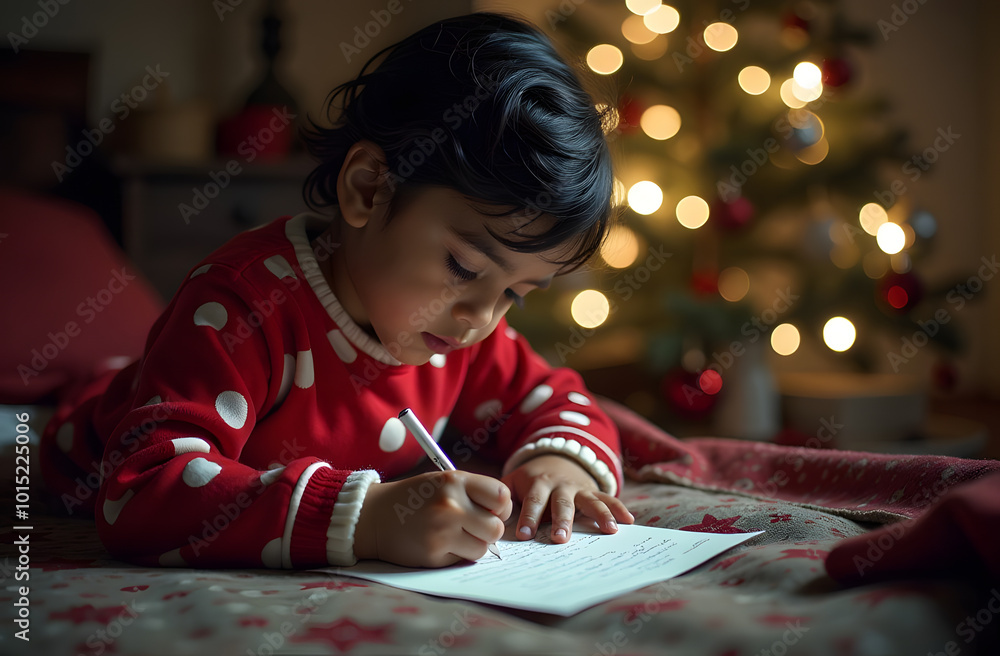In a relaxed pose, an Indian kid pens a letter to Santa, expressing holiday wishes and dreams. The scene is inviting, with colorful decorations around, embodying the spirit of Christmas and childhood In a relaxed pose, an Indian kid pens a letter to Santa, expressing holiday wishes and dreams. The scene is inviting, with colorful decorations around, embodying the spirit of Christmas and childhood