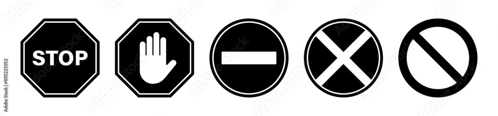 Stop, ban, do not cross, forbidden icon set road safety sign board symbols in black and white color. Black stop sign isolated. Vector Stop hand sign vector illustrations. Stop, ban, do not cross, forbidden icon set road safety sign board symbols in black and white color. Black stop sign isolated. Vector Stop hand sign vector illustrations.