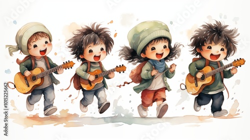 Collection of children playing musical instruments and singing song in cartoon style. Sticker clipart, isolated watercolor illustrations.