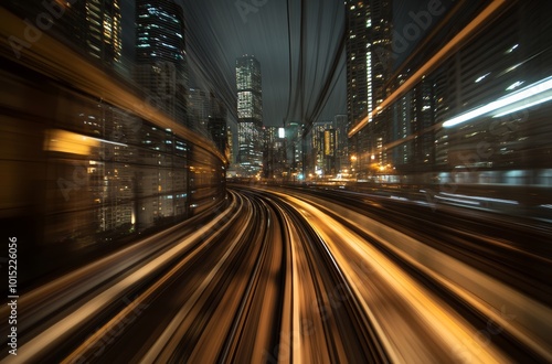 A train glides through a vibrant city at night, its lights streaking past tall buildings and glowing streets filled with life