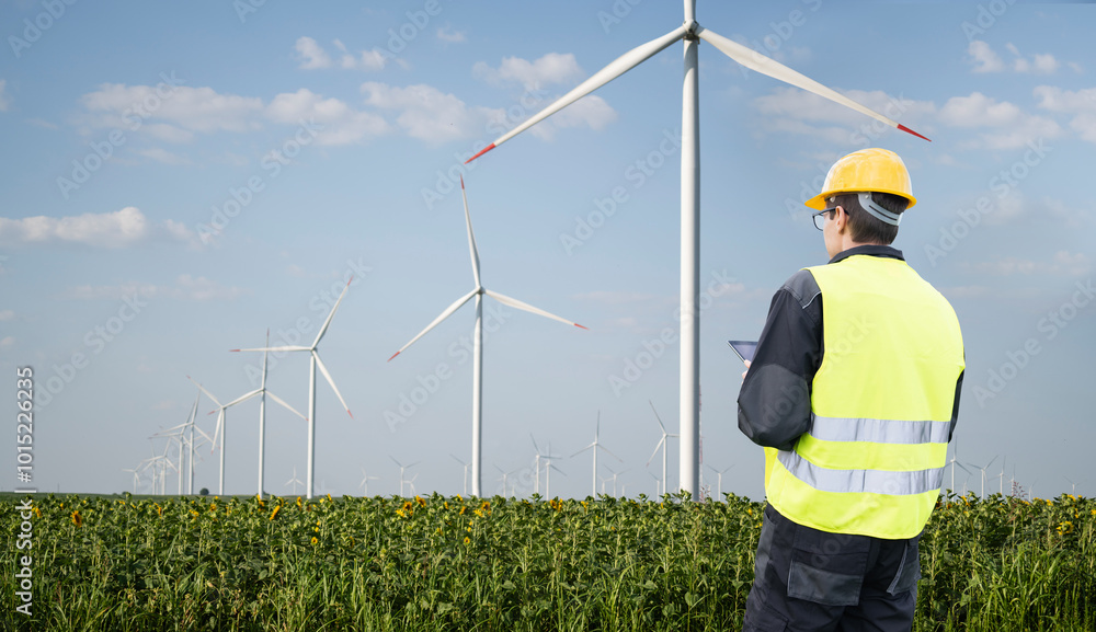 Engineer with tablet computer on a background of wind turbine Engineer with tablet computer on a background of wind turbine