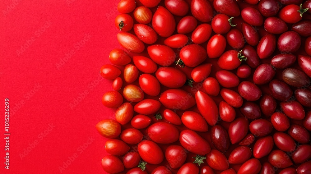 A close-up shot of various red tomatoes arranged on a bright red background with copy space on the left. A close-up shot of various red tomatoes arranged on a bright red background with copy space on the left.