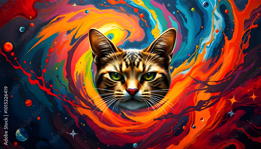 Close-up view with vibrant, abstract painting depicting a swirling vortex of colors going into the seamless illusion tunnel and The central angry cat faces. Close-up view with vibrant, abstract painting depicting a swirling vortex of colors going into the seamless illusion tunnel and The central angry cat faces.