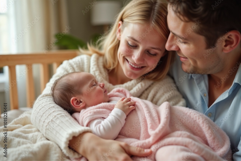 New parents cuddling with newborn baby at home, feeling joyful in a cozy environment New parents cuddling with newborn baby at home, feeling joyful in a cozy environment
