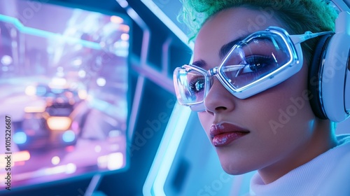 Gamer wearing futuristic glasses and neon headphones intensely focused on playing a high-tech video game in a glowing digital environment