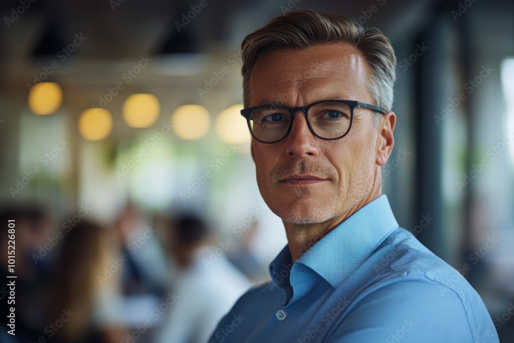 Obraz premium A confident man in a blue shirt and glasses looks thoughtfully at the camera while a meeting occurs in the background