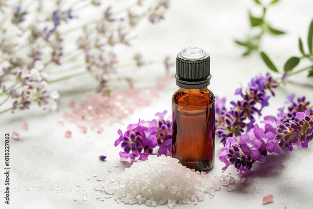 Small vase with lavender essential oil on white surface. Purple hue contrasts with white background. White crystals add sparkle. Soft blur of purple and white flowers provides natural backdrop. Small vase with lavender essential oil on white surface. Purple hue contrasts with white background. White crystals add sparkle. Soft blur of purple and white flowers provides natural backdrop.
