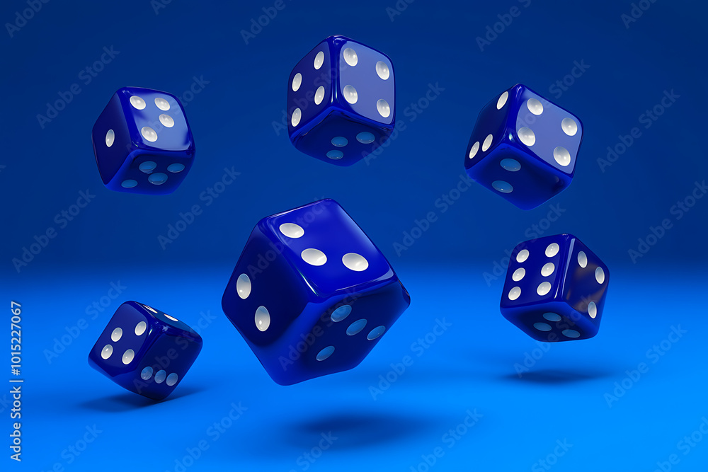 A collection of floating blue dice against a blue background, emphasizing chance and gaming. A collection of floating blue dice against a blue background, emphasizing chance and gaming.
