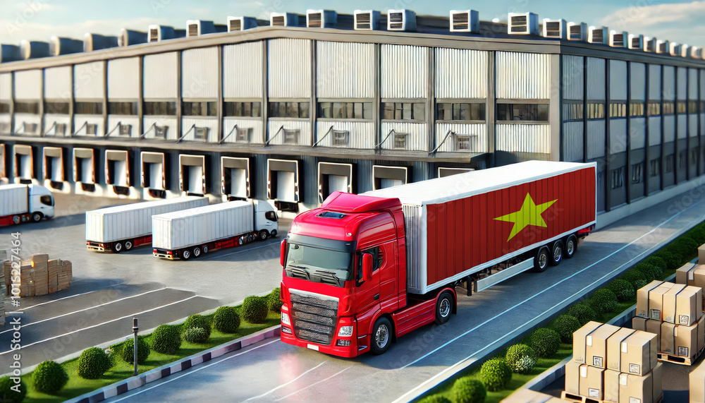 Red semi-truck with Vietnam flag trailer at a large logistics warehouse. Ideal for illustrating freight transport, trucking, shipping, and supply chain operations Red semi-truck with Vietnam flag trailer at a large logistics warehouse. Ideal for illustrating freight transport, trucking, shipping, and supply chain operations