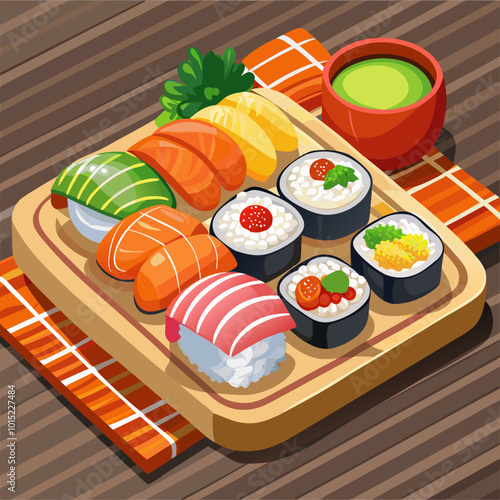 The sushi on a plate with chopsticks sat elegantly on the table, accompanied by a small dish of soy sauce and pickled ginger for dipping.