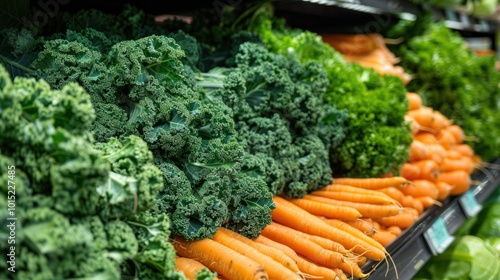 Fresh Green Kale and Orange Carrots in a Grocery Store Display photo