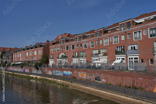 Bremen, Germany - September 1, 2024 - brick buildings at Teerhof on a sunny summer day