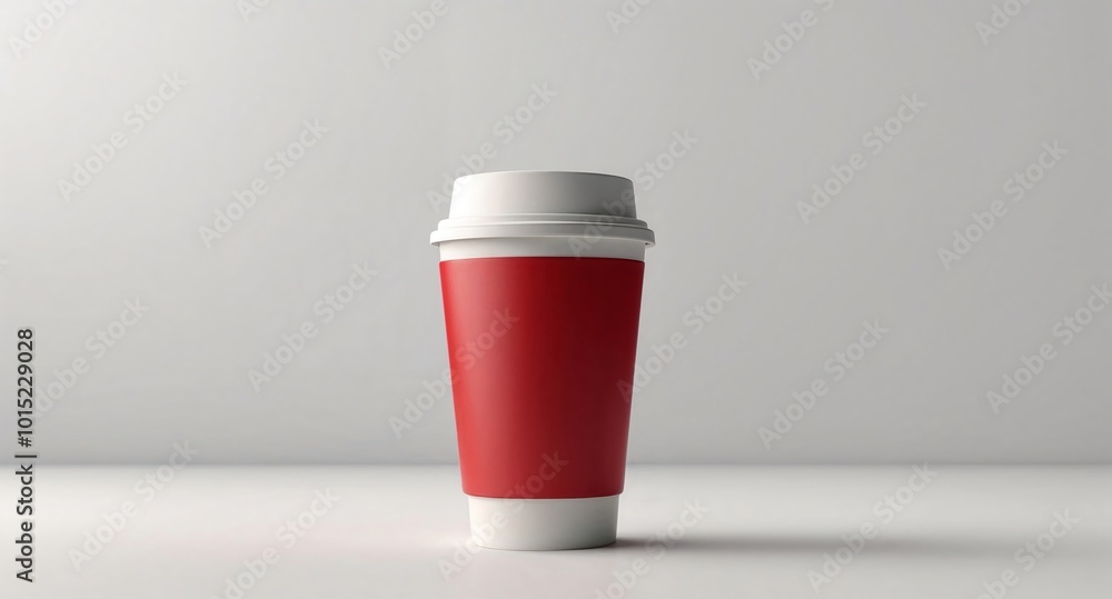 Red, unlabeled coffee to go advertising banner with copy space. Generative AI. Red, unlabeled coffee to go advertising banner with copy space. Generative AI.