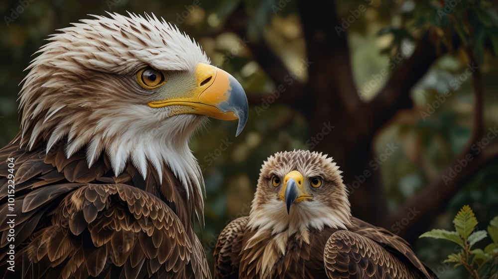 Obraz premium Two bald eagles with sharp eyes looking directly at the camera.