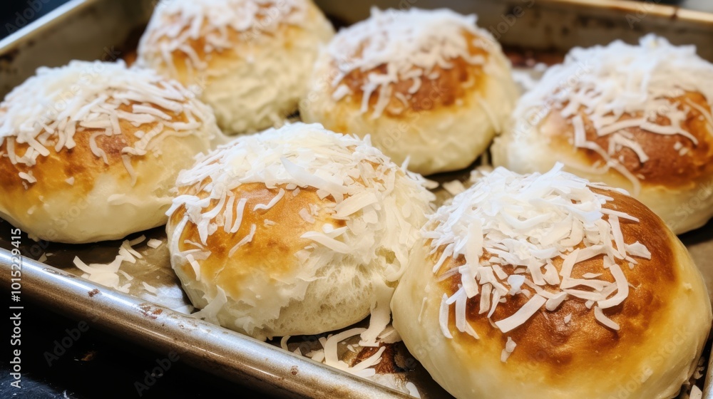 Warm, freshly baked buns topped with cream cheese and shredded coconut tempt with their golden-brown crusts. Warm, freshly baked buns topped with cream cheese and shredded coconut tempt with their golden-brown crusts.