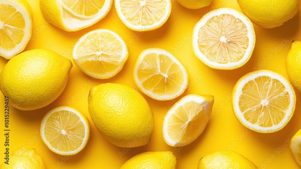 A flat lay of whole and sliced lemons on a bright yellow background. A flat lay of whole and sliced lemons on a bright yellow background.