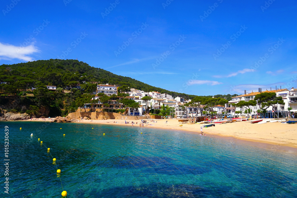 Fototapeta premium beautiful beach of Tamariu in a bay on the Mediterranean Sea with a promenade and a beach, Catalonia, Costa Brava, Girona, Spain