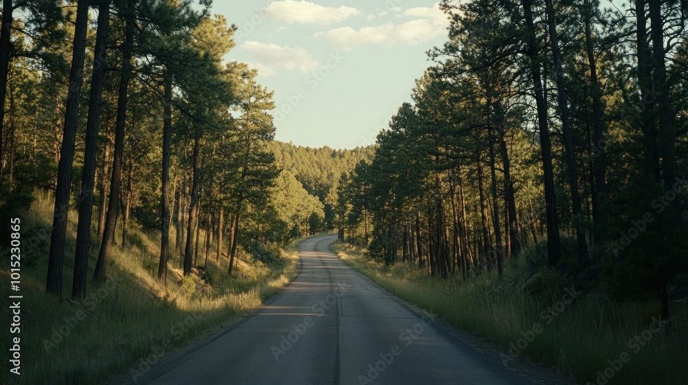 A winding road through a forest with tall pine trees on either side. The road leads into the distance, disappearing behind a hill. A winding road through a forest with tall pine trees on either side. The road leads into the distance, disappearing behind a hill.